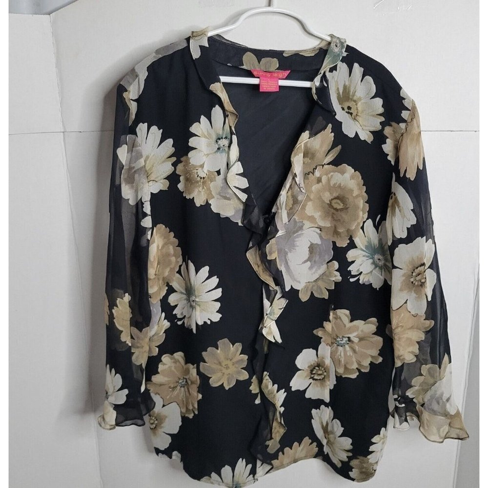 Sunny Leigh Womens Size Large Crinkle Pleated Bow-front Sheer black L/S Blouse